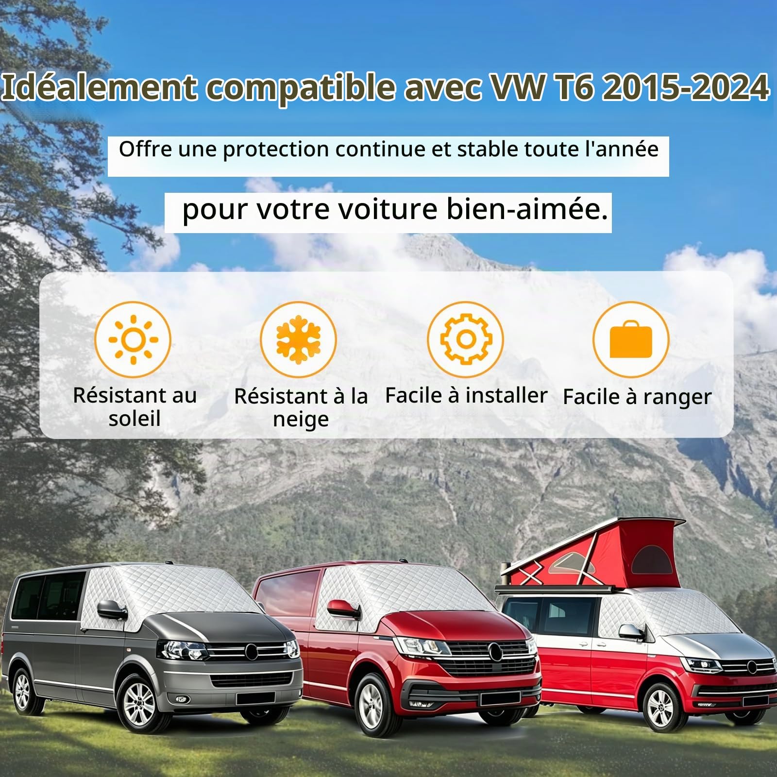 Pare-Soleil Voiture Pare-Brise Avant Compatible avec VW T6, Couverture de Pare-Brise Extérieur pour Camping-Car, Pliable Housse Protection Solaire Neige Toutes Saisons,avec Sac de Rangement