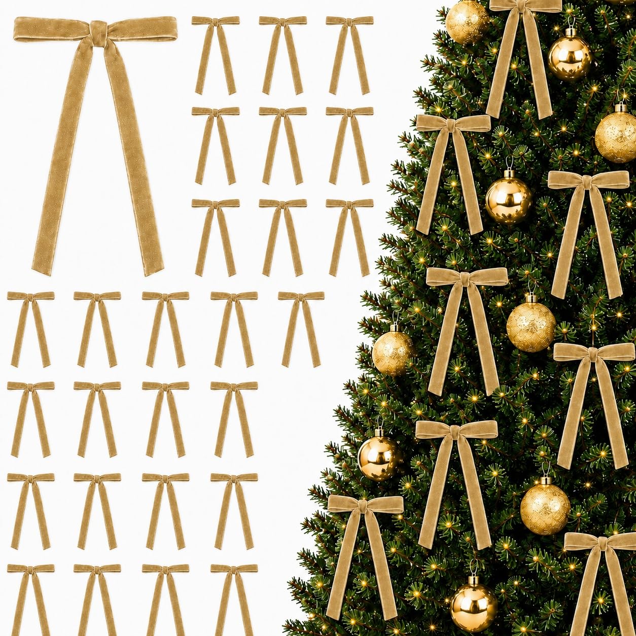 30PCS Light Brown Velvet Bows for Christmas Tree, with Twist Ties 5 x 7in