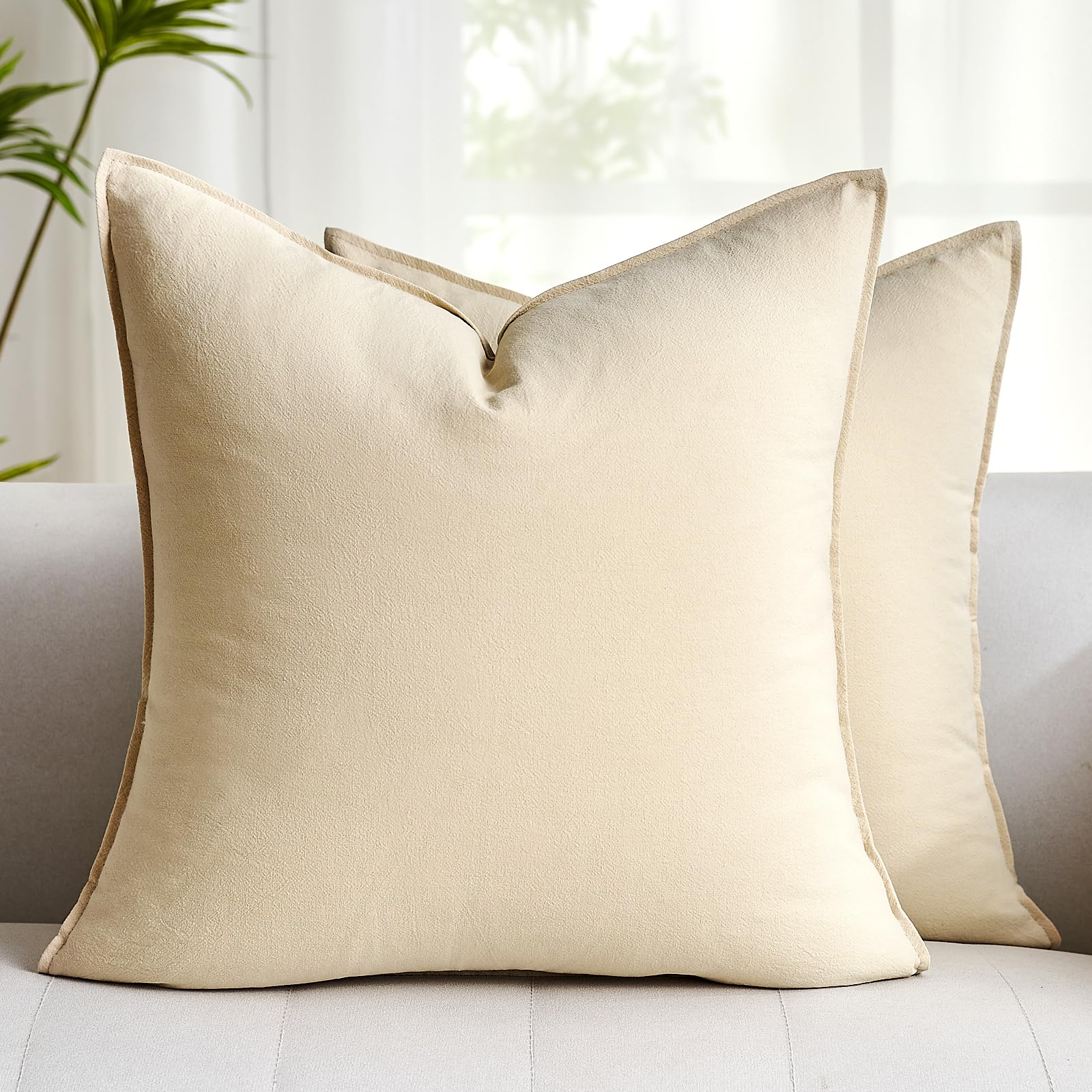 Velvhom Cushion, Cotton Linen Sofa Cushion Cover, Plain Beige - Boho Decorative Set of 2, 40 x 40 cm, Washable for Sofa, Bedroom, Living Room โ image 1