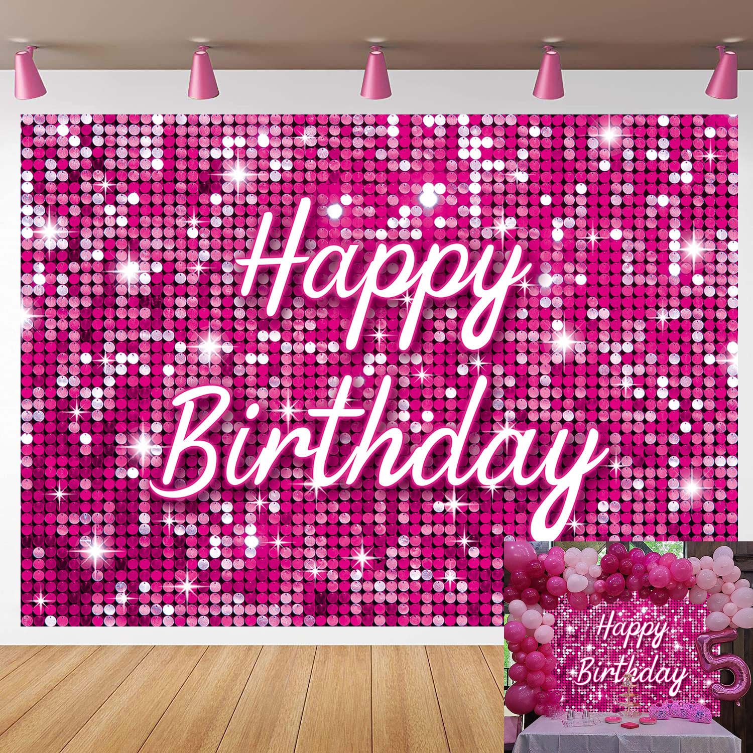 Pink Flash Square Photography Backdrop Hot Pink Happy Birthday Glitter Shinning Sequin Wall Panels Shimmer Wall Background for Girls Woman Birthday