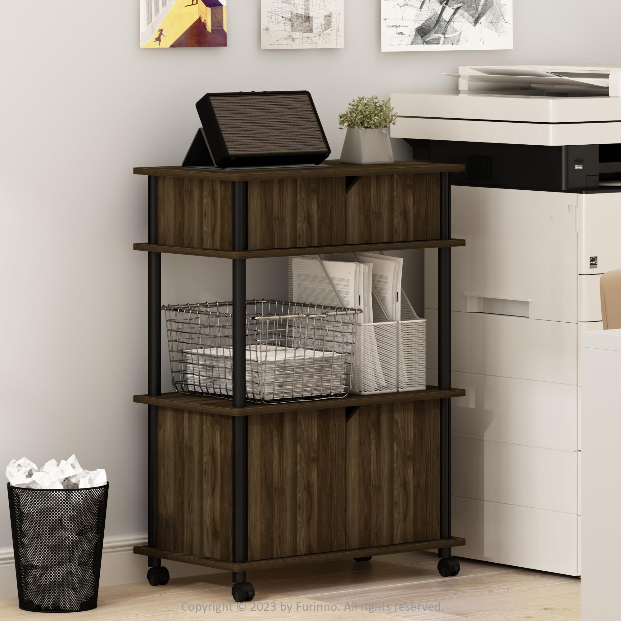 Furinno Turn-N-Tube Printer Stand with Storage, 4-Tier Printer Table with with Storage Cabinet and Casters, Open Frame Standing Shelf, for CPU, Office Supplies, Home Office, Columbia Walnut