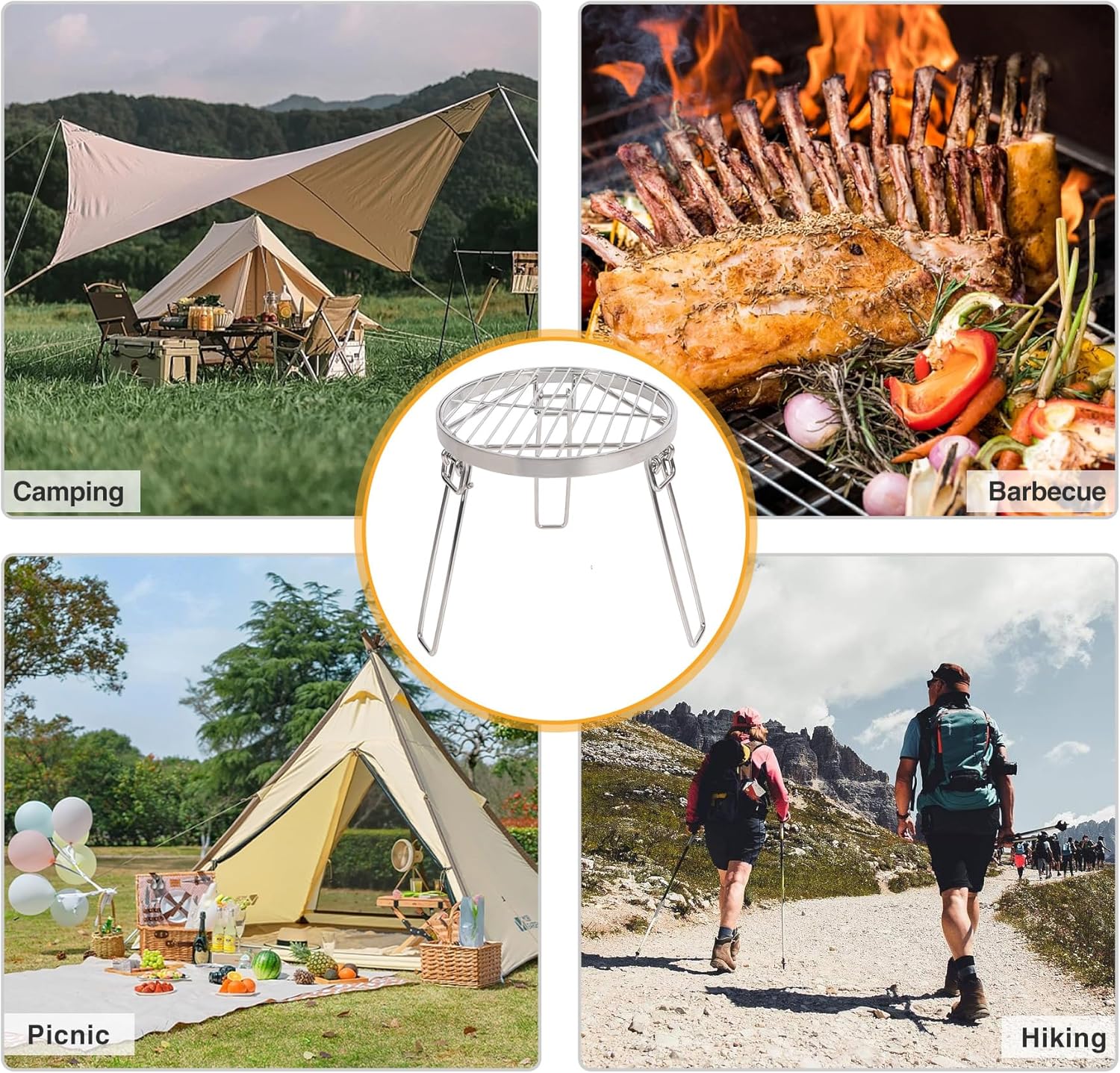 Lineslife Folding Campfire Tripod for Cooking, Portable Camping Tripod Stand with Grill Grate for Solo Stove Bonfire Fire Pit, Dutch Oven, Open Fire, Stainless Steel