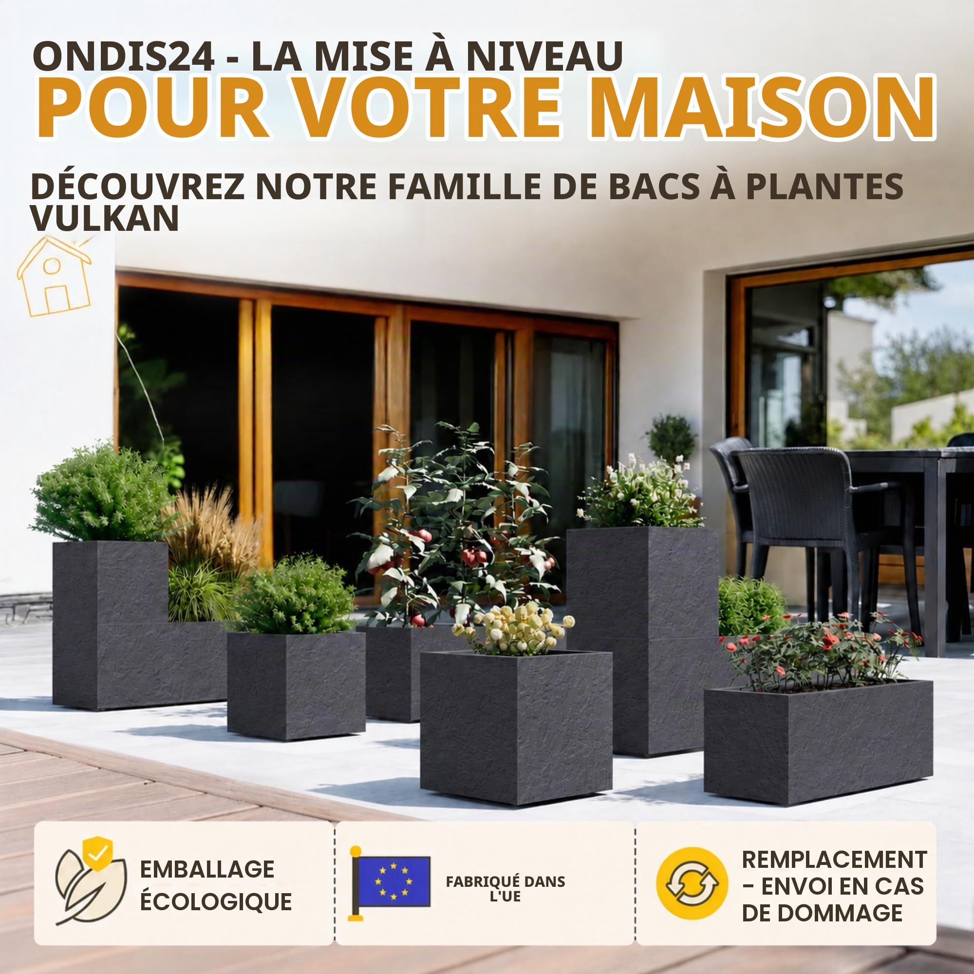 Ondis24 Vulcan - Pot de fleurs rectangulaire - Volume de 57 l - Jardinière avec réservoir d'eau - Pour balcon, terrasse - Anthracite