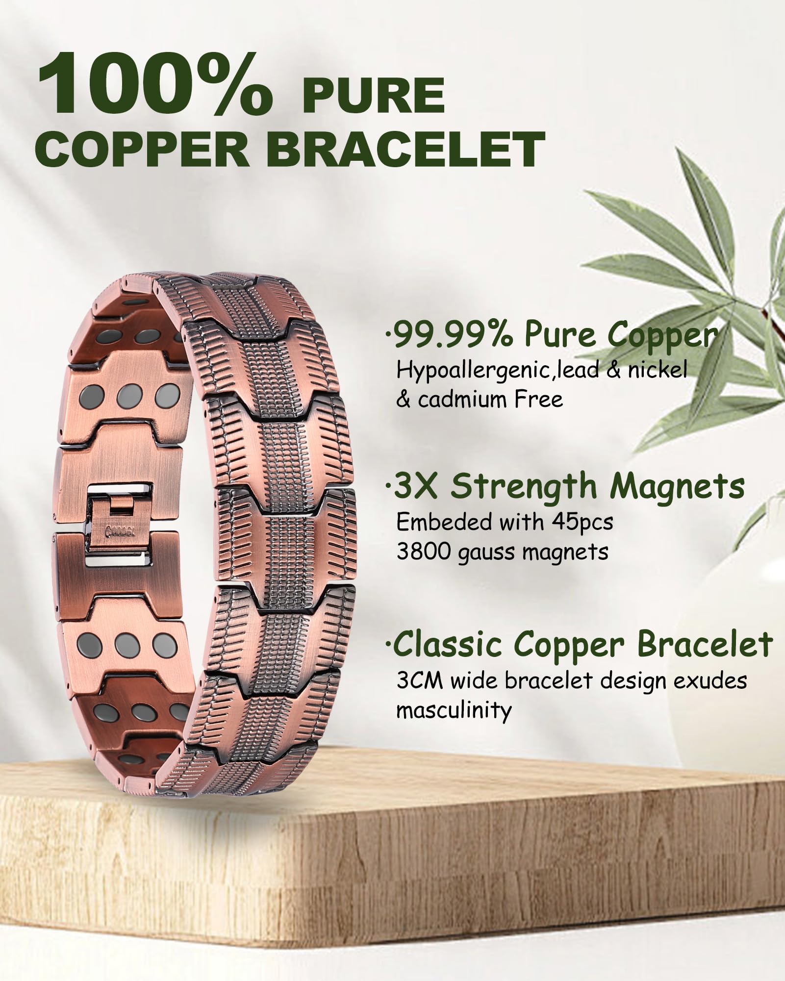 MagEnergy - Pulsera de cobre para hombre, pulsera magnética de cobre puro al 99,9%, pulsera ajustable con herramienta de extracción de eslabones (kit Copper 031)