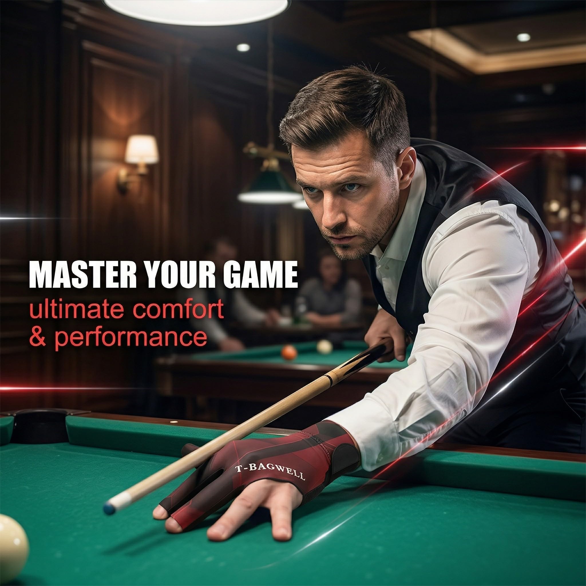 Gant de Billard Main Gauche Homme Antidérapant Élastique 3 Doigts (Rouge)