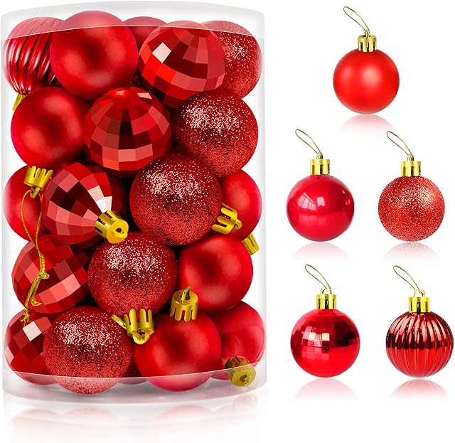 Red Baubles Christmas Decorations, 34Pcs Christmas Balls for Trees Shatterproof Plastic Ornaments with Hanging Loop, 4cm Christmas Tree Baubles for Xmas Decoration