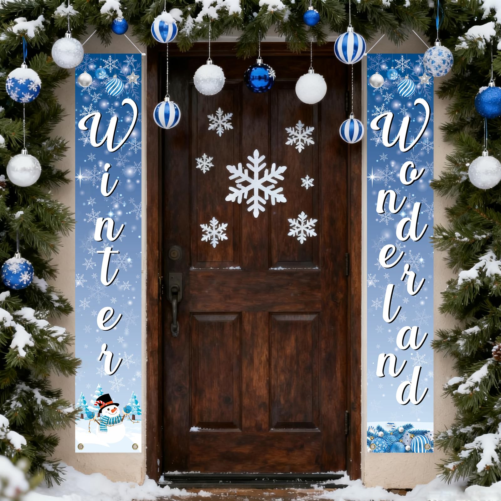 Winter Wonderland Decorations Porch Banner Sign,Christmas Door Decorations Snowflakes Christmas Tree Snowman Door Banner Hanging Flag,Winter Holiday Parties Decorations for Home Indoor Outdoor