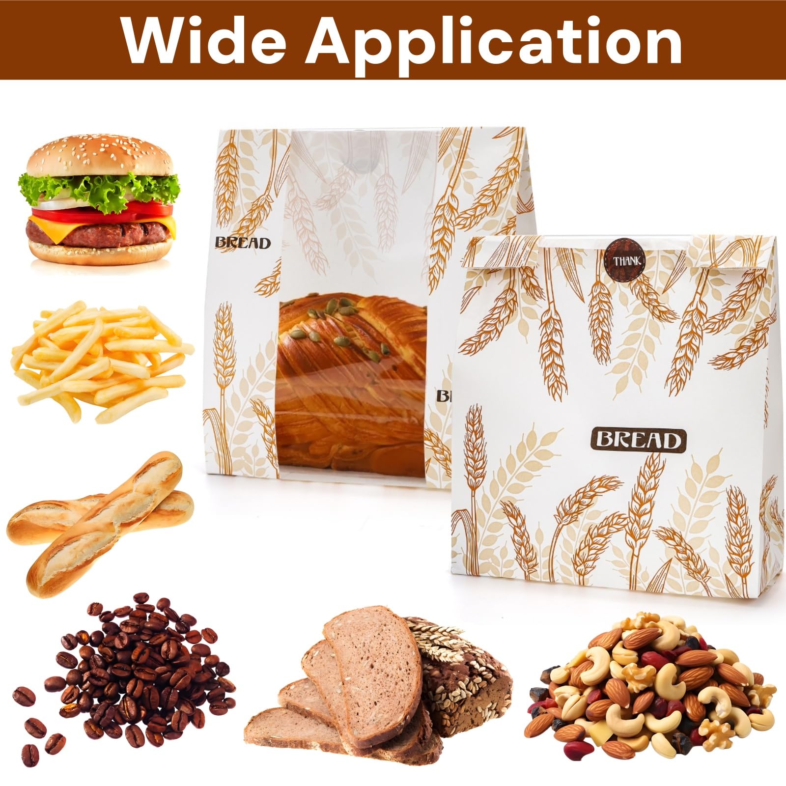 Paquete de 100 bolsas de papel para pan con ventana transparente, 10 x 14 x 4 pulgadas, bolsa de pan casera con calcomanías, bolsas grandes de panadería, bolsa de almacenamiento de pan de masa