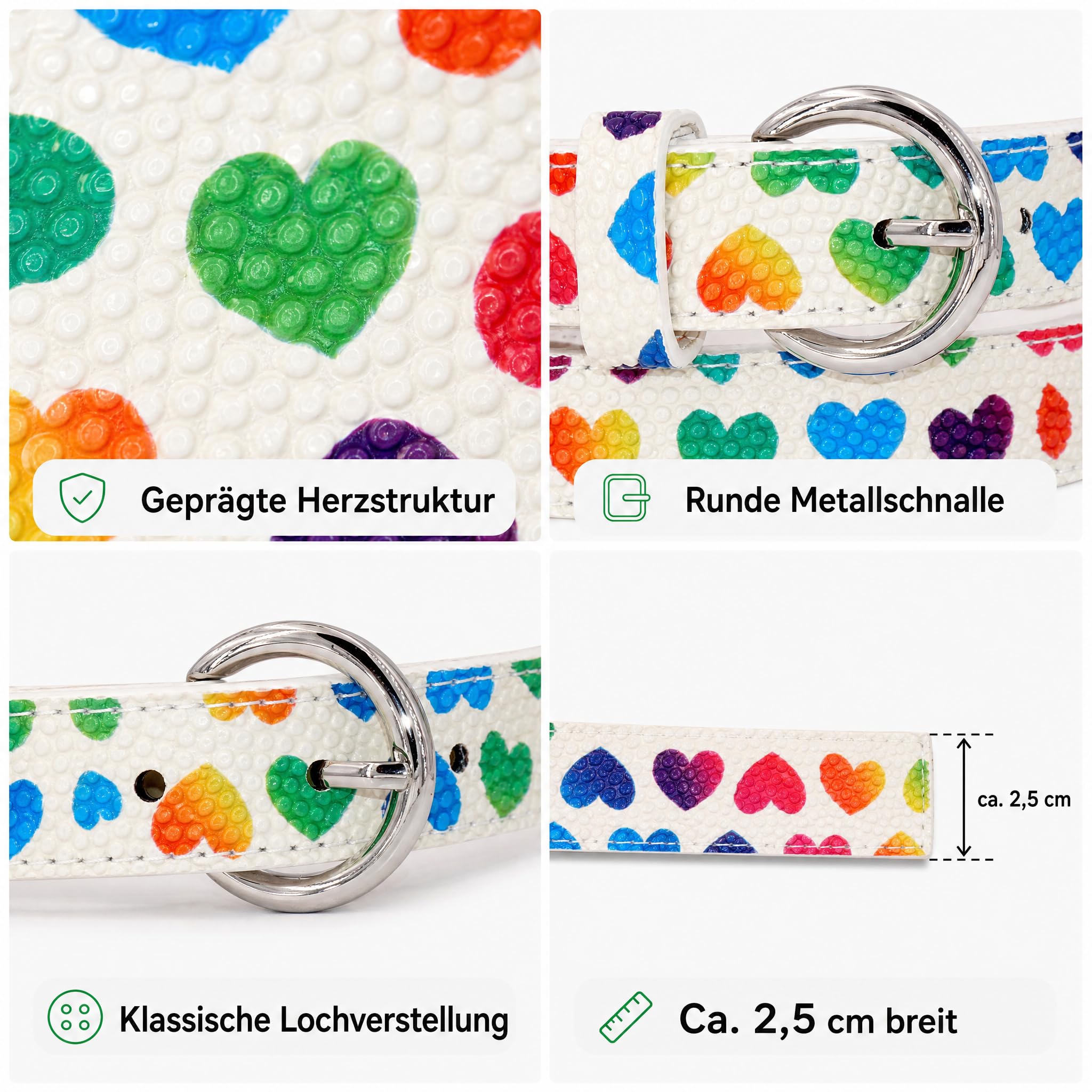 Gürtel für Kinder, Kindergürtel Mädchen & Jungen, verstellbar 52–67 cm, Dornschließe aus Metall, vegan aus Kunstleder, weiß mit bunten Herzen, 2,5 cm breit