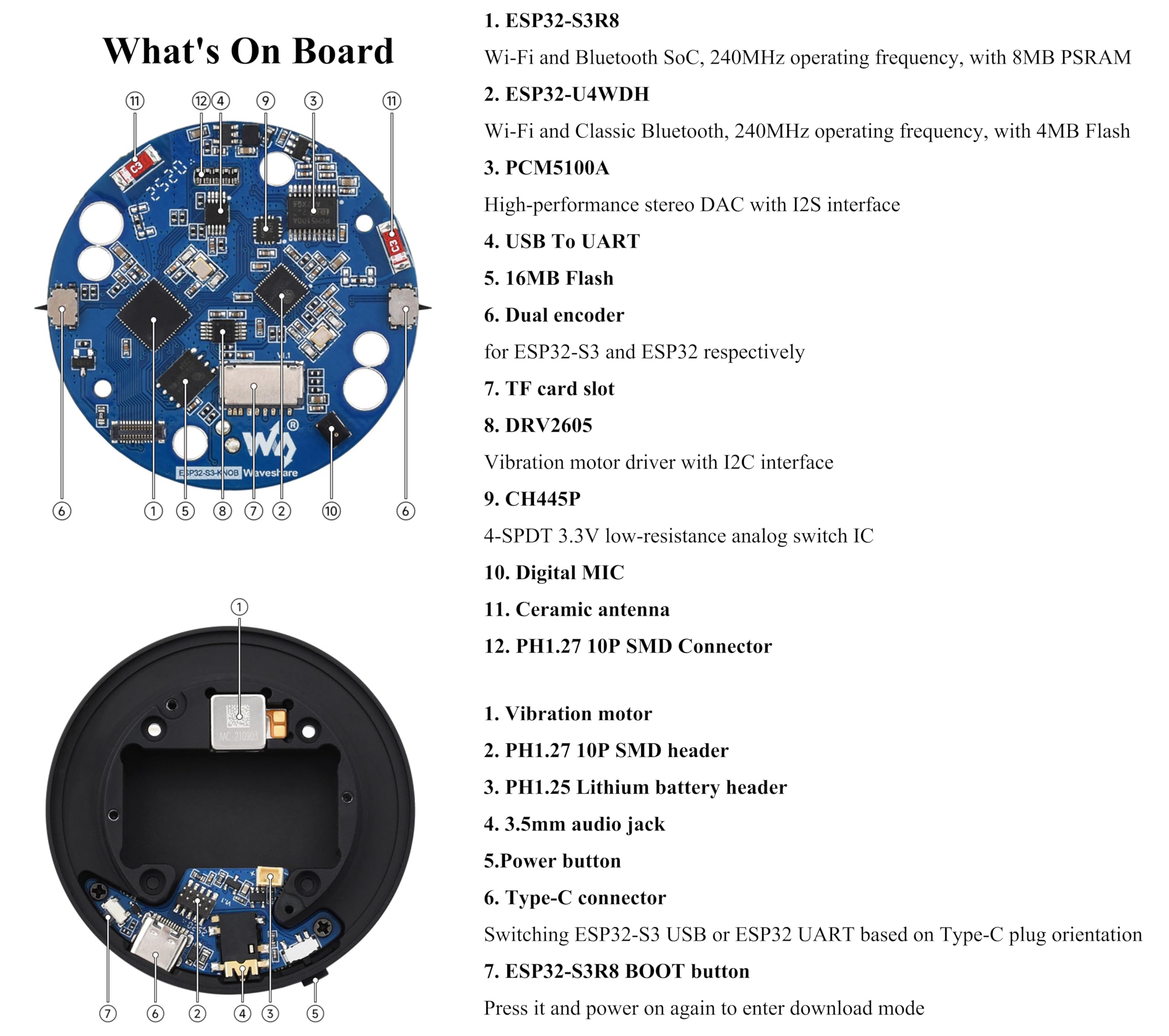 ESP32-S3 1,8-calowa tablica rozwojowa wyświetlacza, wielofunkcyjny ekran pokrętła, pojemnościowy dotyk, bezprzewodowe połączenie 2,4 GHz Wi-Fi/Bluetooth, obsługuje 3 x motywy timera Pomodoro, metalowa