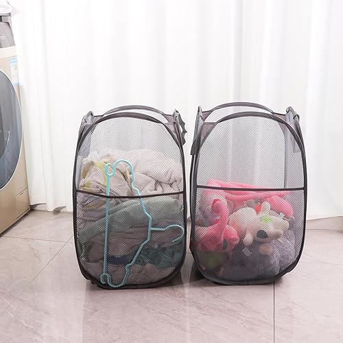Miniatura 4 de Cesta plegable de malla para lavandería, cesta de lavandería desplegable, fácil almacenamiento, ideal para uso doméstico y de viaje (2 gris oscuro)