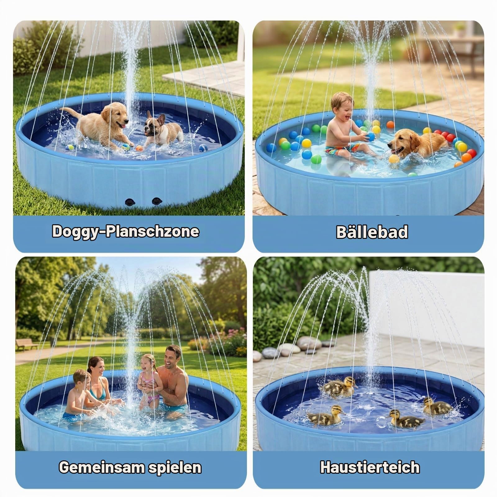 Eooqi Faltbarer Hundepool mit Sprinkler 246 cm, rutschfest & Stabil, 2-in-1 Planschbecken für Haustiere & Kinder, Outdoor Wasserspiel Pool für Garten, Blau