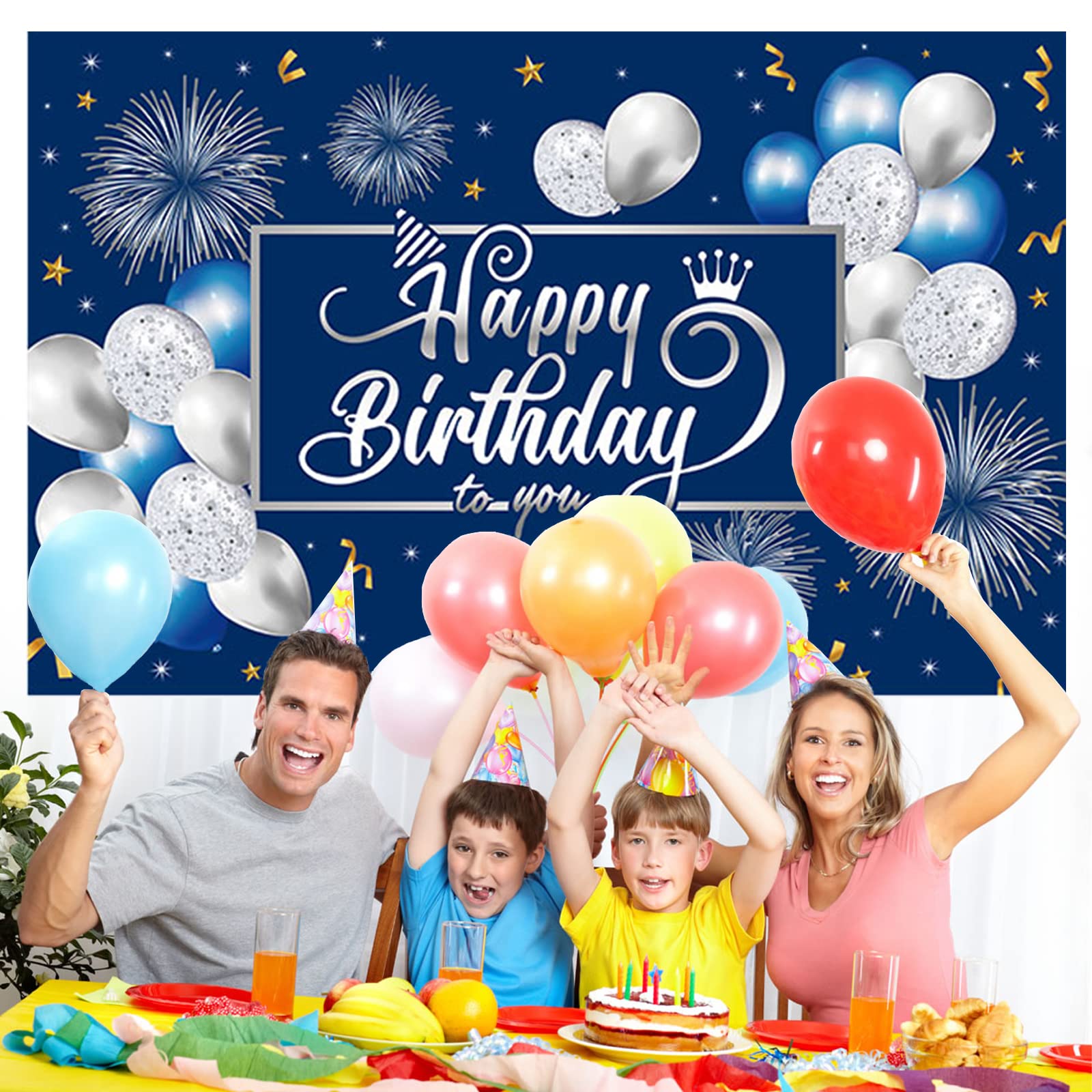Happy Birthday Banner – Marineblau/silber, 185x110 Cm, Für Partys Und Fotohintergrund