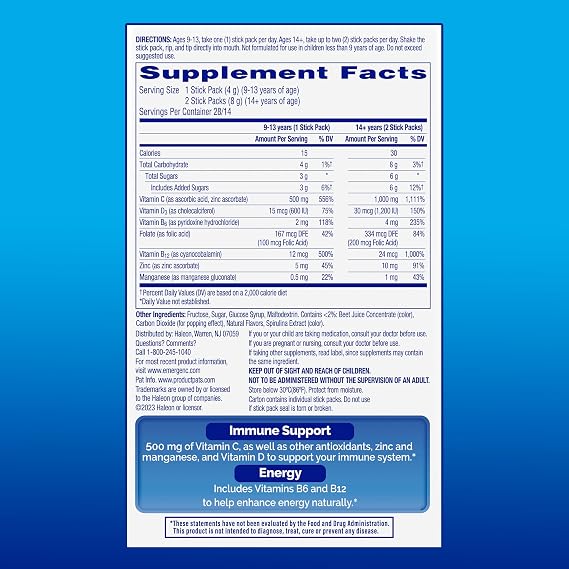 Emergen-C Immune Plus Crystals, On-the-Go Immune Support Supplement with Vitamin C, Vitamin D, B Vitamins, Zinc and Manganese, Berry Lemonade, Back to School Essentials - 28 Stick Packs