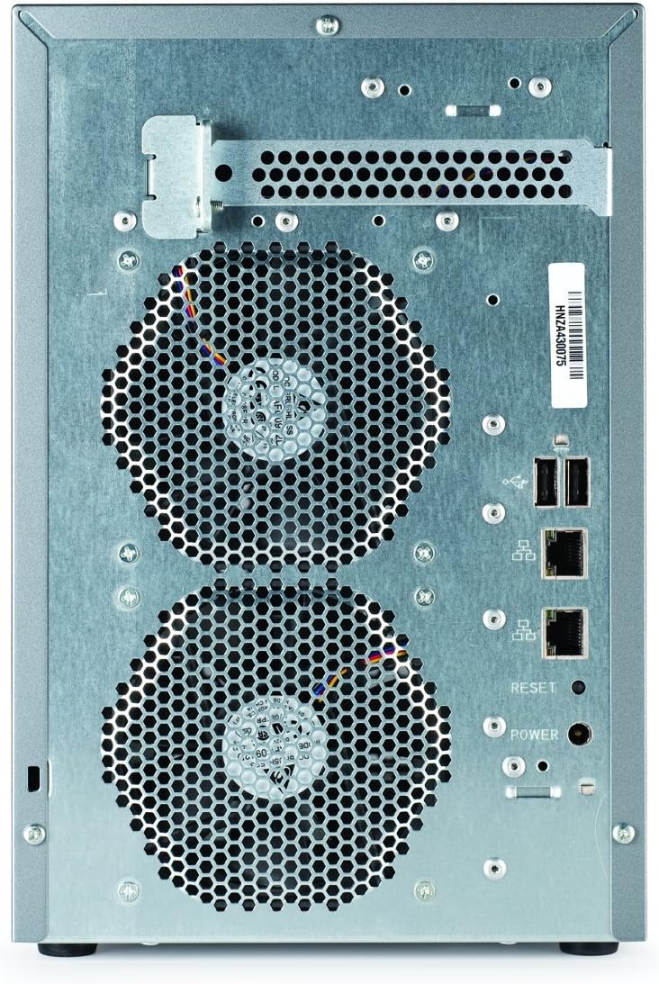 belakang view of the Iomega StorCenter PX6-300d, showing two large cooling fans, multiple ports including Ethernet and USB, and a power input.
