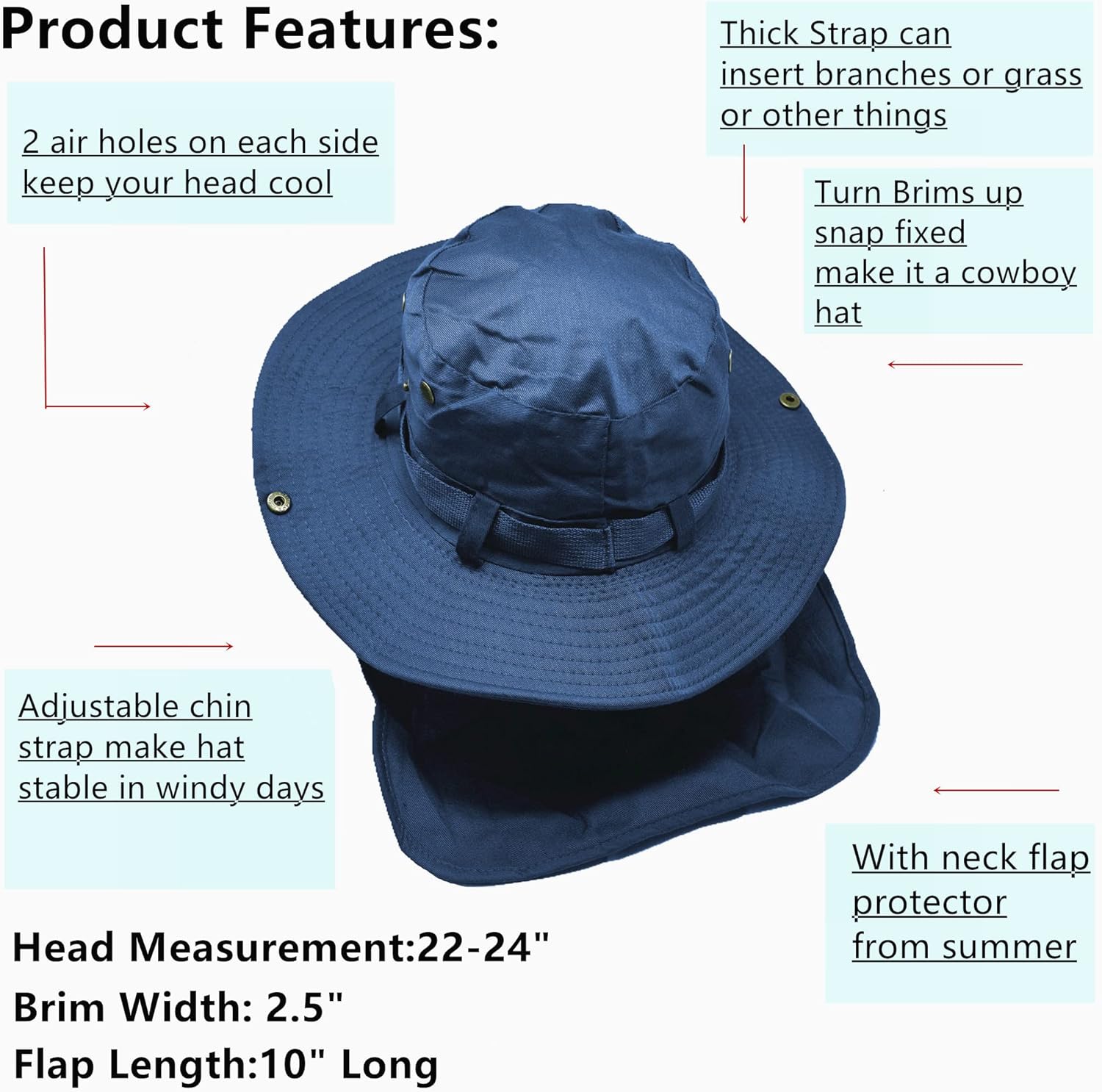Glory Max Bucket Boonie Hat with Neck Flap Cover Sun Safari Wide Brim Fishing Garden Hiking Cap - Image 6
