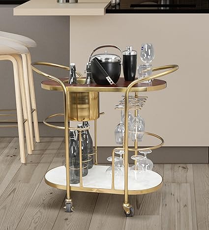 HomeTown Martini Metal Serving Trolley in Brown & Gold Colour