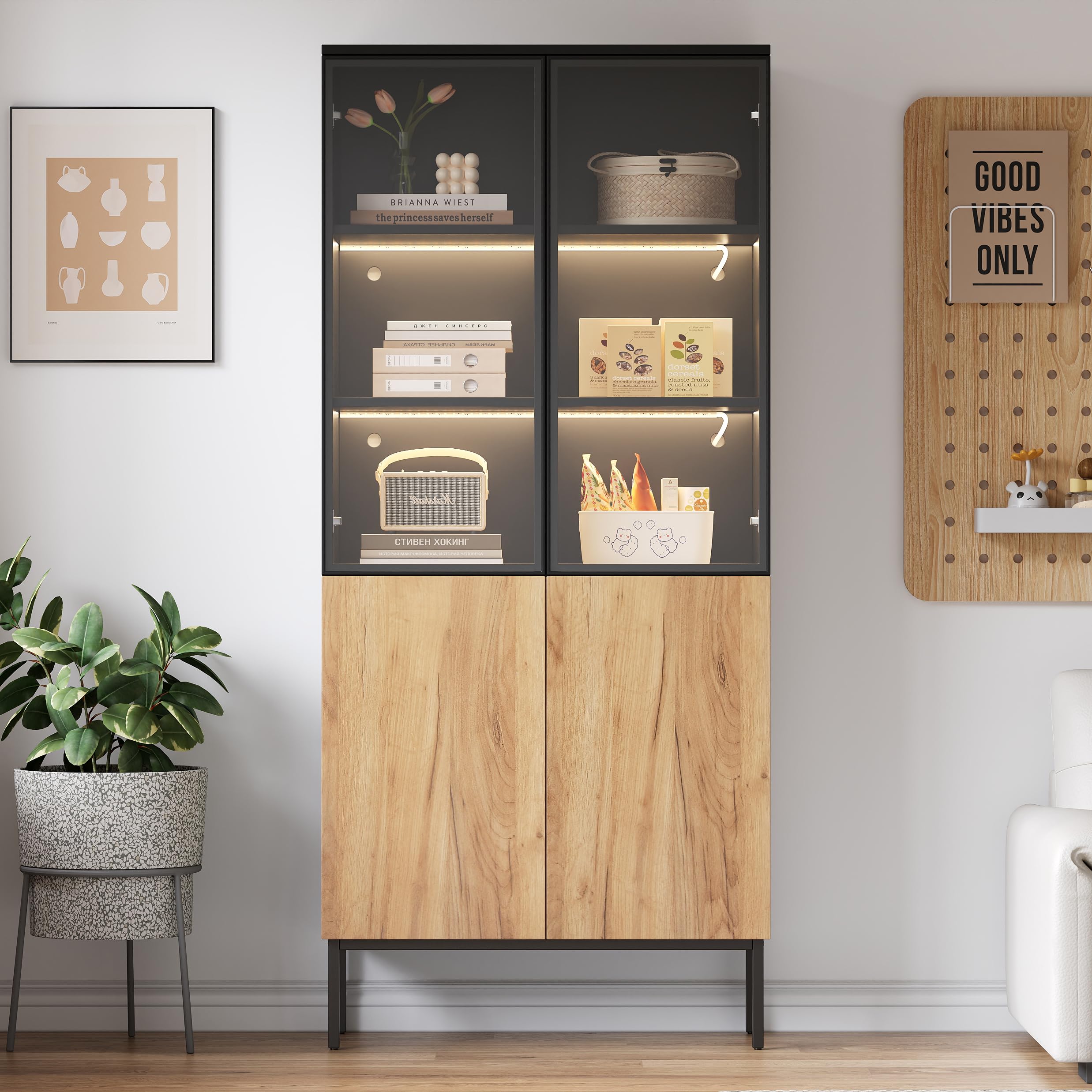 BTM Vitrine Glastüren, 180 cm hoher Schrank LED-Leuchten, Bücherregal, 5-stöckige Glasvitrine Sammlerstücke, Büro, Schwarz/Eiche