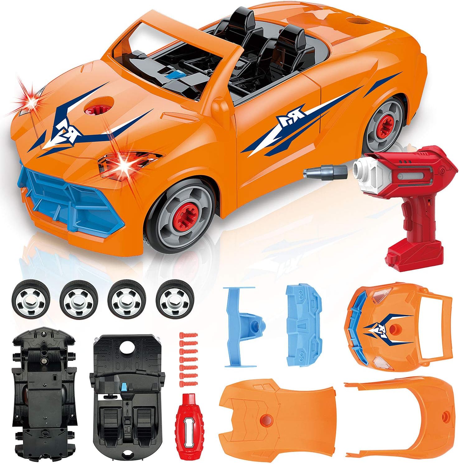 LUKAT Toys for 3 Year Old Boys, Take Apart Racing Toys 2.4GHz Remote Control Car, 22 Pieces STEM Construction Toys Kit DIY Assembly Vehicle Set with Drill Tool, Lights & Sounds for Kids Boys Girls