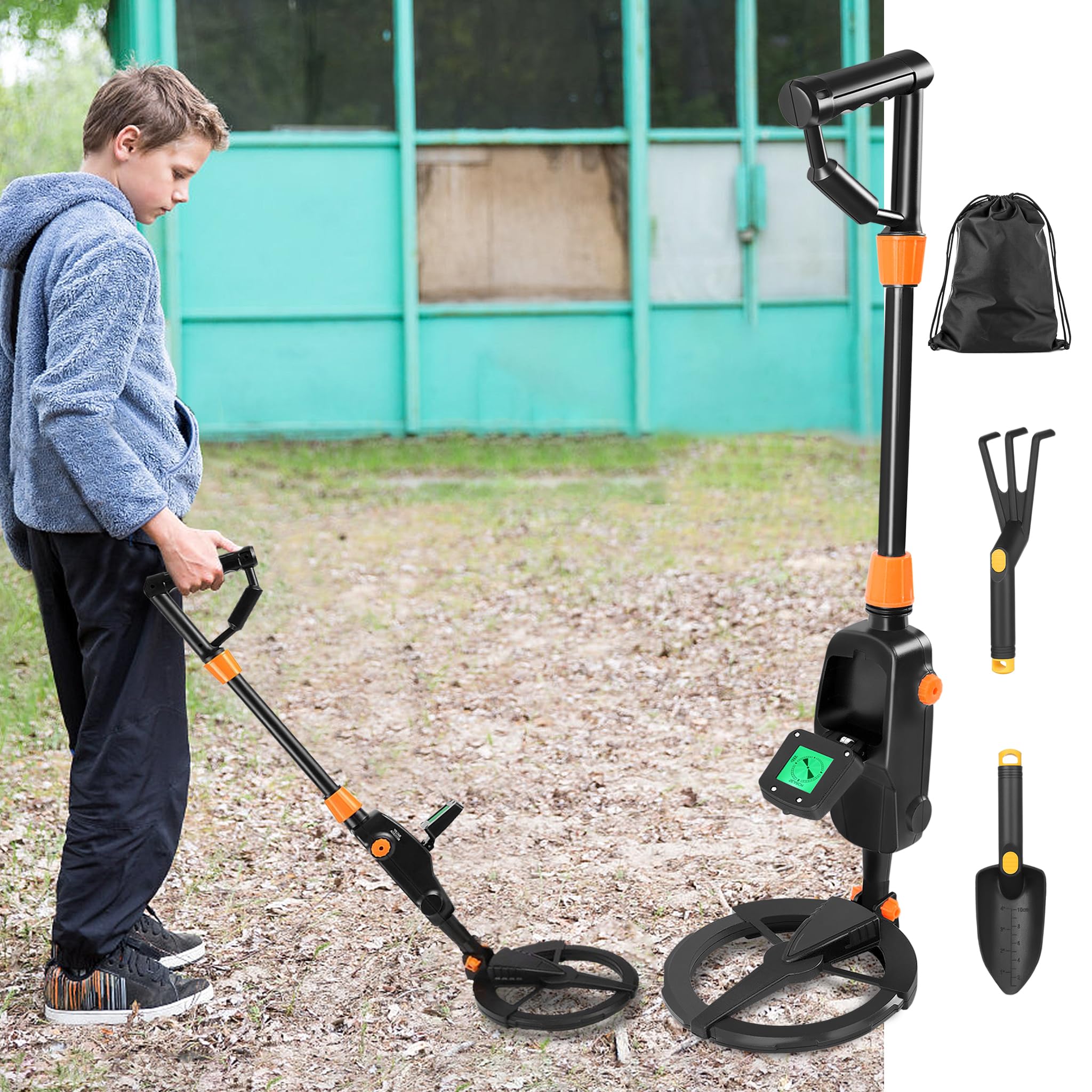 Leichter hochempfindlicher Metalldetektor mit LCD Display, Outdoor Schatzsuch Metalldetektoren,Mit Kunststoff Schaufel, Rechen &Tragtasche(Modell 1008) Schwarz
