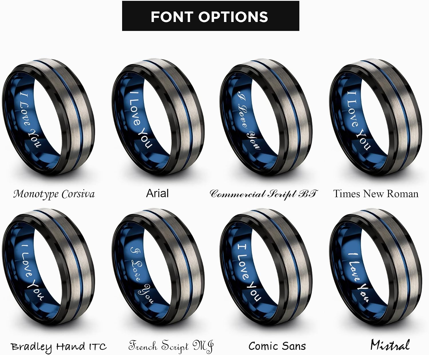 P. Manoukian Tungsten Carbide Wedding Band Ring 10mm for Men Women Blue Black Center Line Step Bevel Edge Black Brushed Polished Personalized Custom Engraving Anniversary Engagement