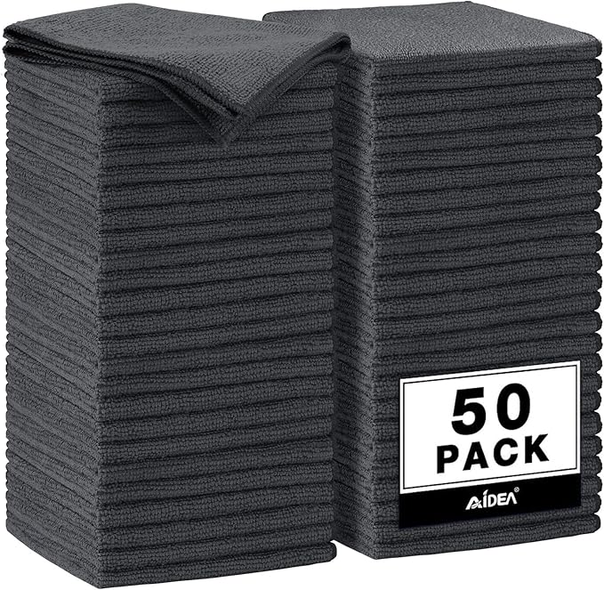 AIDEA Microfiber Cleaning Cloth Black 50PK, Microfiber Towels for Cars, Premium Car Cloths, Dusting Cloth Lint Free Cleaning Rags for SUVs, House, Kitchen, Window, Workshops,11.5×11.5"