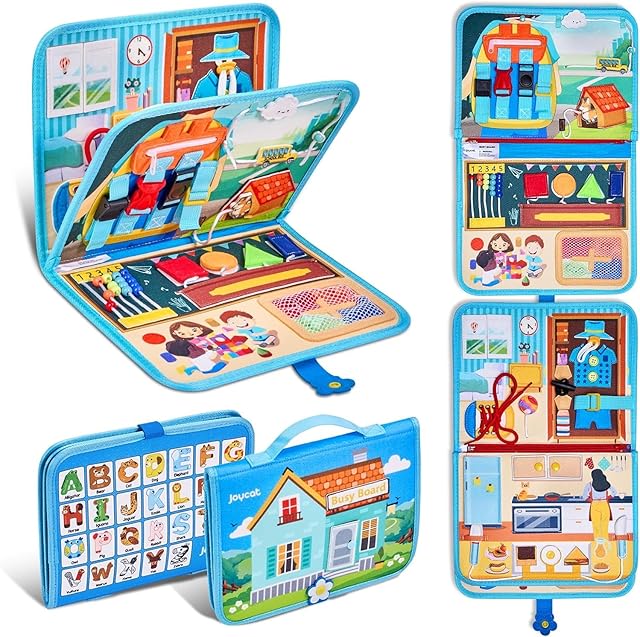 JoyCat Busy Board Montessori Toys,Storybook for Toddler,Autism Sensory Toy for Kids 2 3 4 Years Old,Educational Preschool Activities for Learning Fine Motor Skills Travel Toys, Gift for Boys,Blue