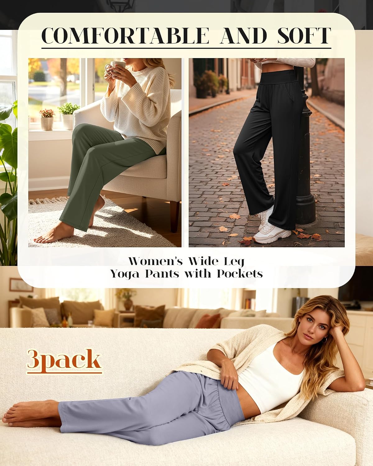 Neer 3 Pack Women's Wide Leg Yoga Pants Comfy Lounge Pants with Pockets Baggy Elastic Waist Joggers Ladies Open Bottom