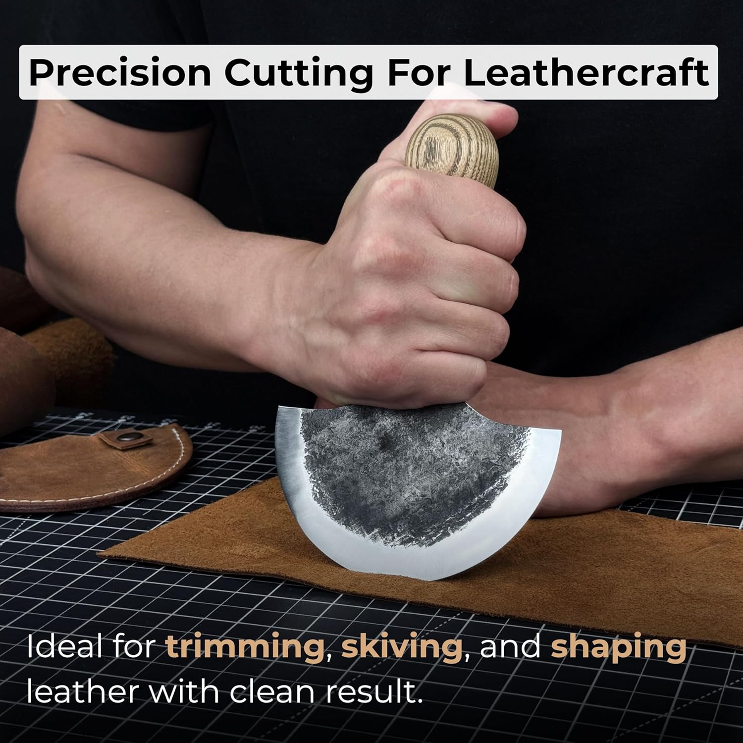 Sharky Leather Round Knife 4.1 in (10.5 cm) – Half Moon Head Knife for Leather – Carbon Steel Blade with Ash Wood Handle – Cutting Tools for Working – Handmade in Ukraine (With Sheath)