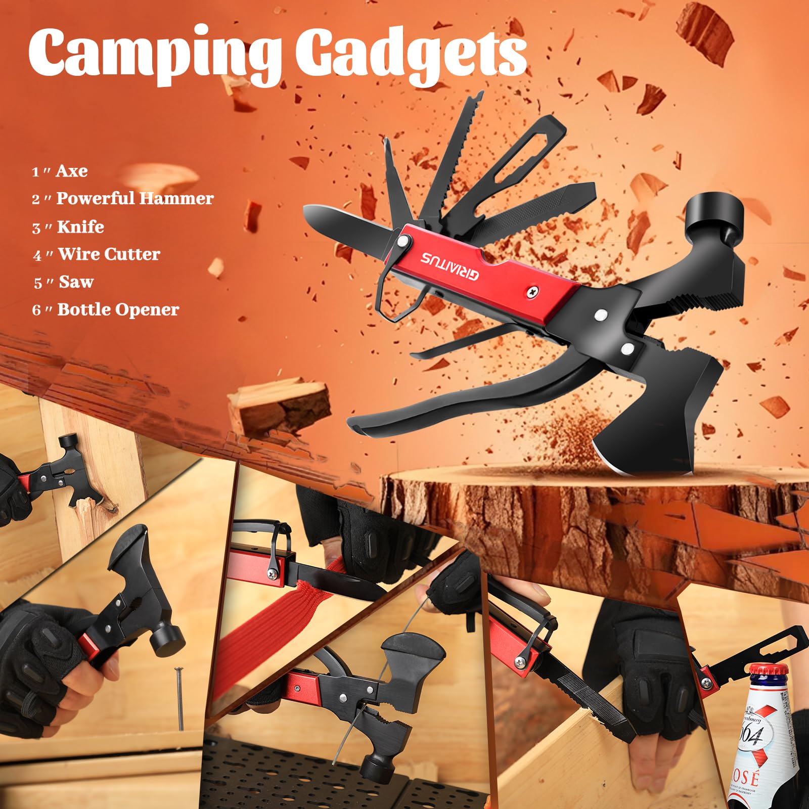 HONZIN Multitoolbijl 15 in 1 Roestvrijstalen Multitool Hamer Camping Gear Survival Tool met Nylon Schede voor Wandelen, Huishoudelijke Emergency & Outdoor Survival Emergency, Cadeaus voor Mannen