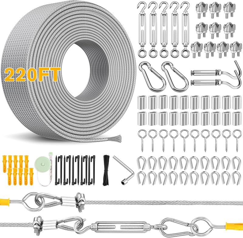 220FT 1/8" Wire Rope Kit - 304 Stainless Steel Cable with Turnbuckles for Cables Wire, Vinyl Coated Hanging Wire for Outdoor String Lights, Camping, Garden Trellis, Hanging Clothes, Pictures, Curtain