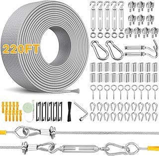220FT 1/8" Wire Rope Kit - 304 Stainless Steel Cable with Turnbuckles for Cables Wire, Vinyl Coated Hanging Wire for Outdoor String Lights, Camping, Garden Trellis, Hanging Clothes, Pictures, Curtain