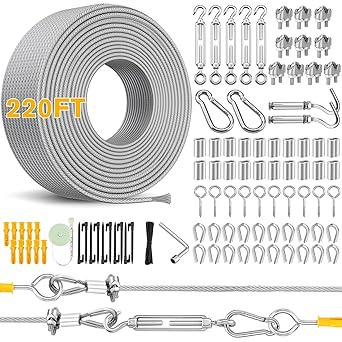 220FT 1/8" Wire Rope Kit - 304 Stainless Steel Cable with Turnbuckles for Cables Wire, Vinyl Coated Hanging Wire for Outdoor String Lights, Camping, Garden Trellis, Hanging Clothes, Pictures, Curtain