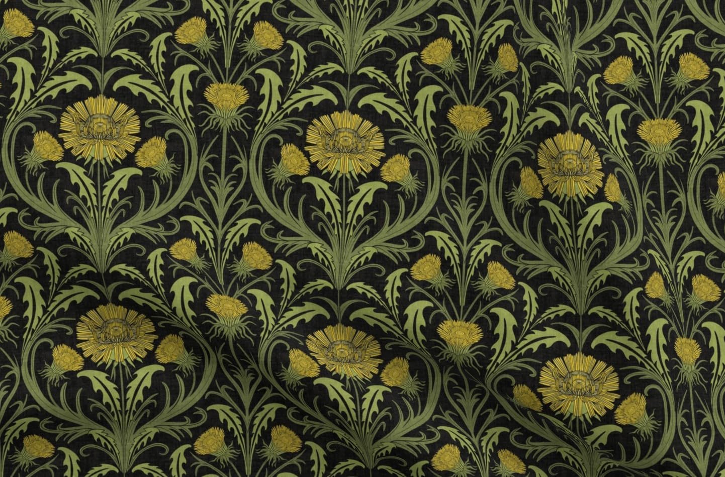 Spoonflower Fabric - Yellow Floral Green Botanical Flowers Art Deco Arts and Crafts Printed on Petal Cotton Fabric Fat Quarter - Sewing Quilting Apparel Crafts Decor