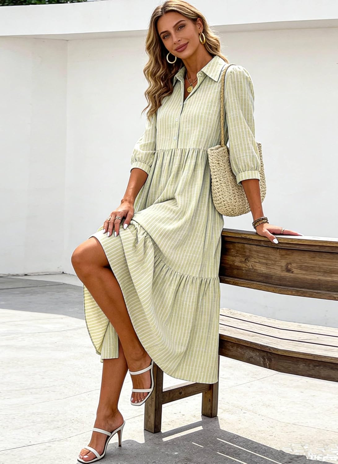 XNC Women's Blue and White Striped Shirt Maxi Dress 2026 Spring Fashion Collared Boho Breezy Print 3/4 Sleeve Long Dresses - Image 5