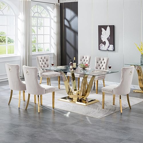Juego de mesa de comedor de cristal dorado moderno de 70 pulgadas para 6, juego de mesa rectangular de comedor de cocina de 7 piezas con base de