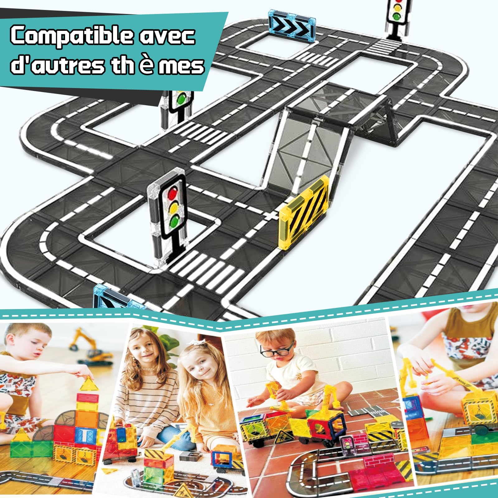BuzzoXerex 50 Pièces Routes Magnétiques – Blocs Construction Magnétiques Routes & Panneaux, Jouet Éducatif 3-6 Ans Garçon Fille