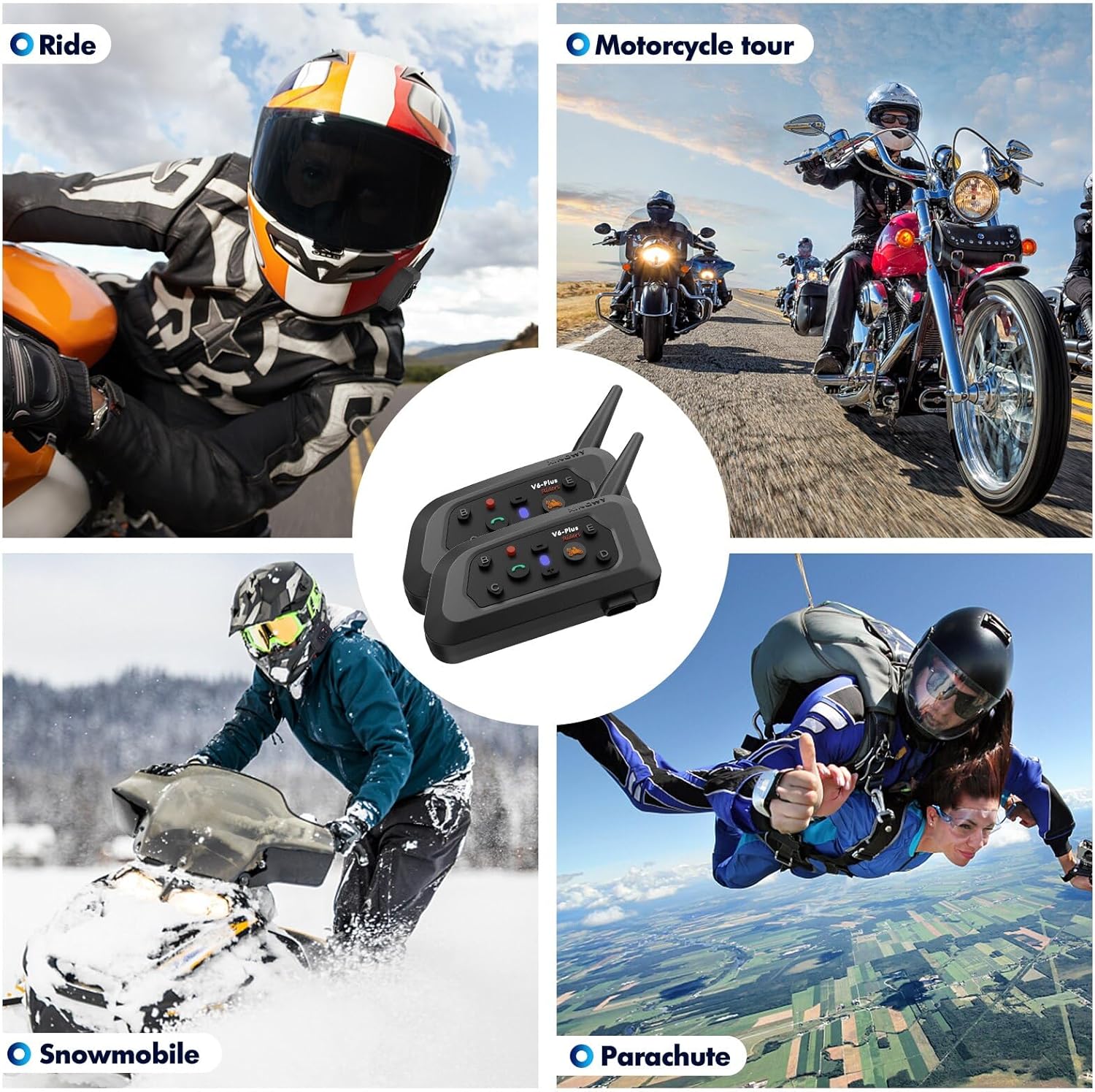 Various applications for the V6 Pro headset including riding, motorcycle tours, snowmobiling, and parachuting