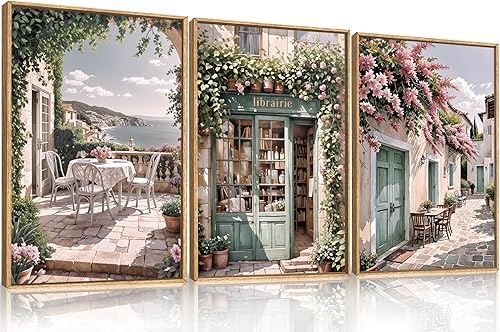 Modern French Flower Street Framed Canvas Wall Art Set,Romantic Green Landscape Wall Decor,Vintage Mediterranean Bookstore Neutral Coast Cityscape