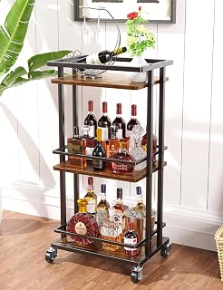 OKZEST 3-Tier Rolling Bar Cart, Industrial Wood Metal Mini Liquor Cabinet on Wheels for Home Kitchen Parties, Coffee Bar Storage - Brown