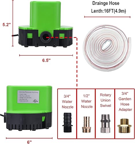 Miniatura 3 de Bomba automática de cubierta de piscina, bomba sumergible para cubierta de piscina de 1200 GPH, bomba de sumidero con 4 adaptadores manguera de