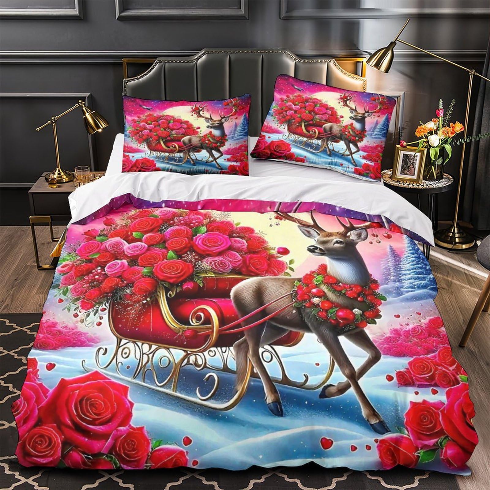 Ensemble de lit cerf 3D 260x220 cm en microfibre avec housse de couette et taies d'oreiller