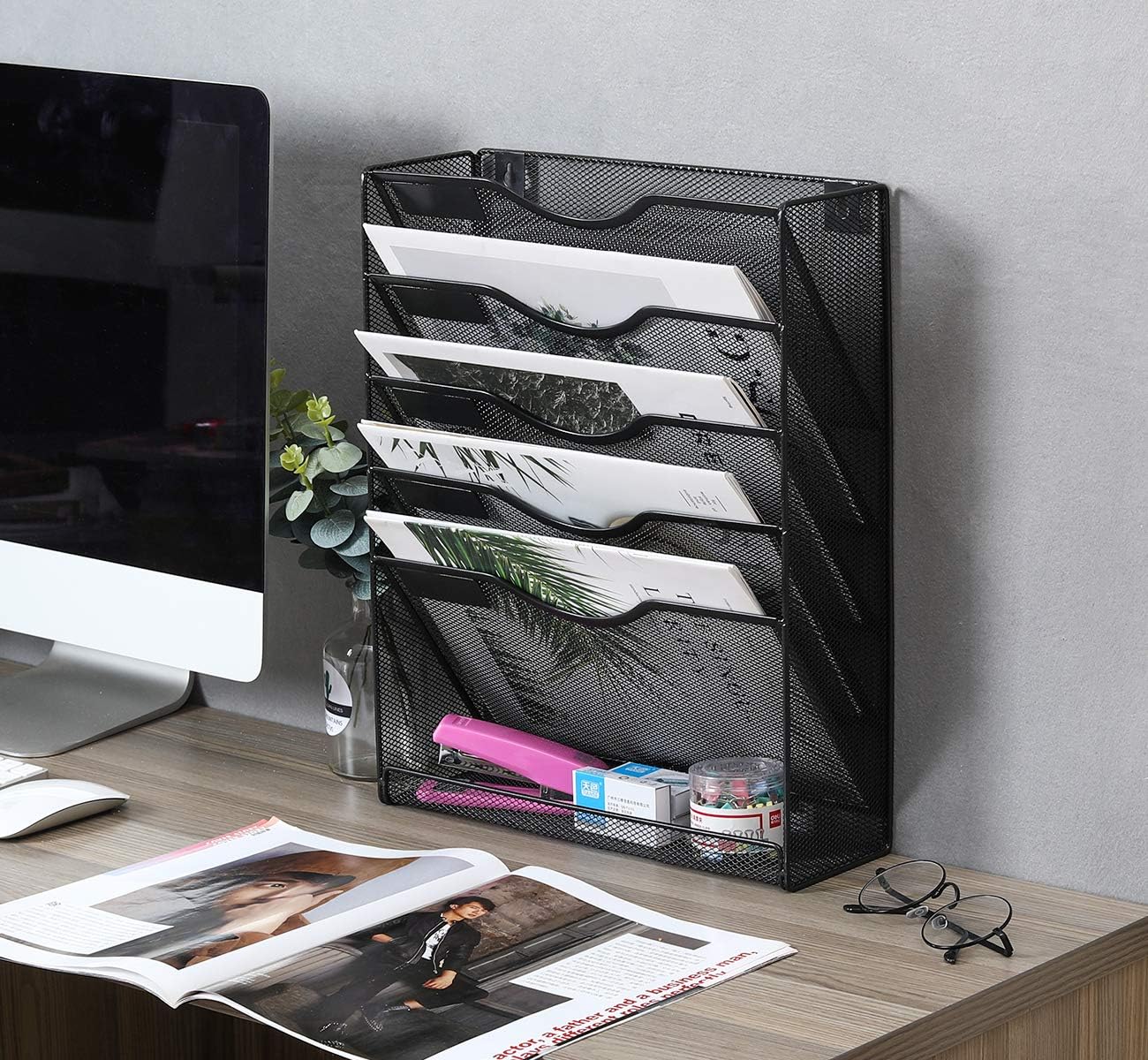 EasyPAG Mesh Wall Hanging File Organizer Holder 5 Tier Vertical Pocket Magzine Rack with Tray | Sides Closed,Black : Office Products