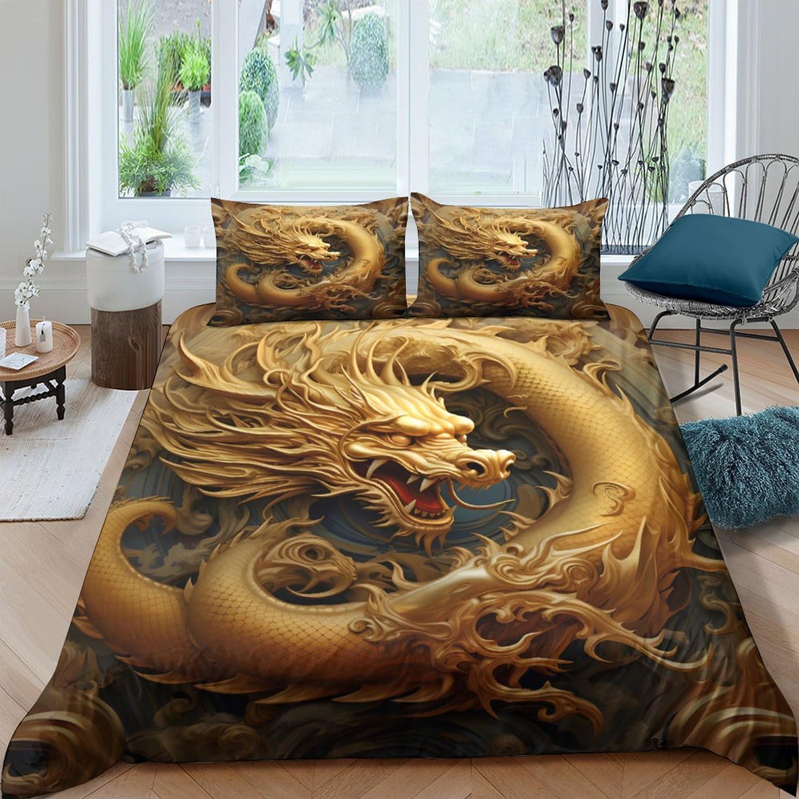 GPLZQXKJNH 3D Printed Golden Dragon Duvet Cover Microfiber Soft Breathable Oriental Pattern Bedding Set with 2 Pillowcases for Bedroom Decor Single（135x200cm）