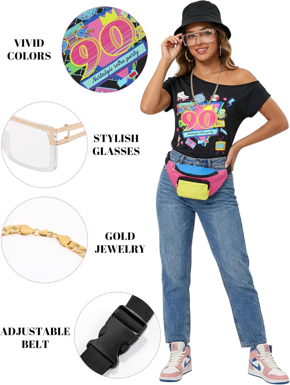 SOMSOC Women 90s Costume Set with Top Bucket Hat Glasses Chain Earrings Bag Rapper Accessories for Retro Disco Cosplay Party
