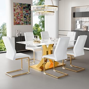 63 Dining Table Chairs Set of 6, Dining Table Set for 6,White Faux Marble Dining Tabletop and 6 Modern Chairs Set for 6, Suitable for Kitchen and Living Room