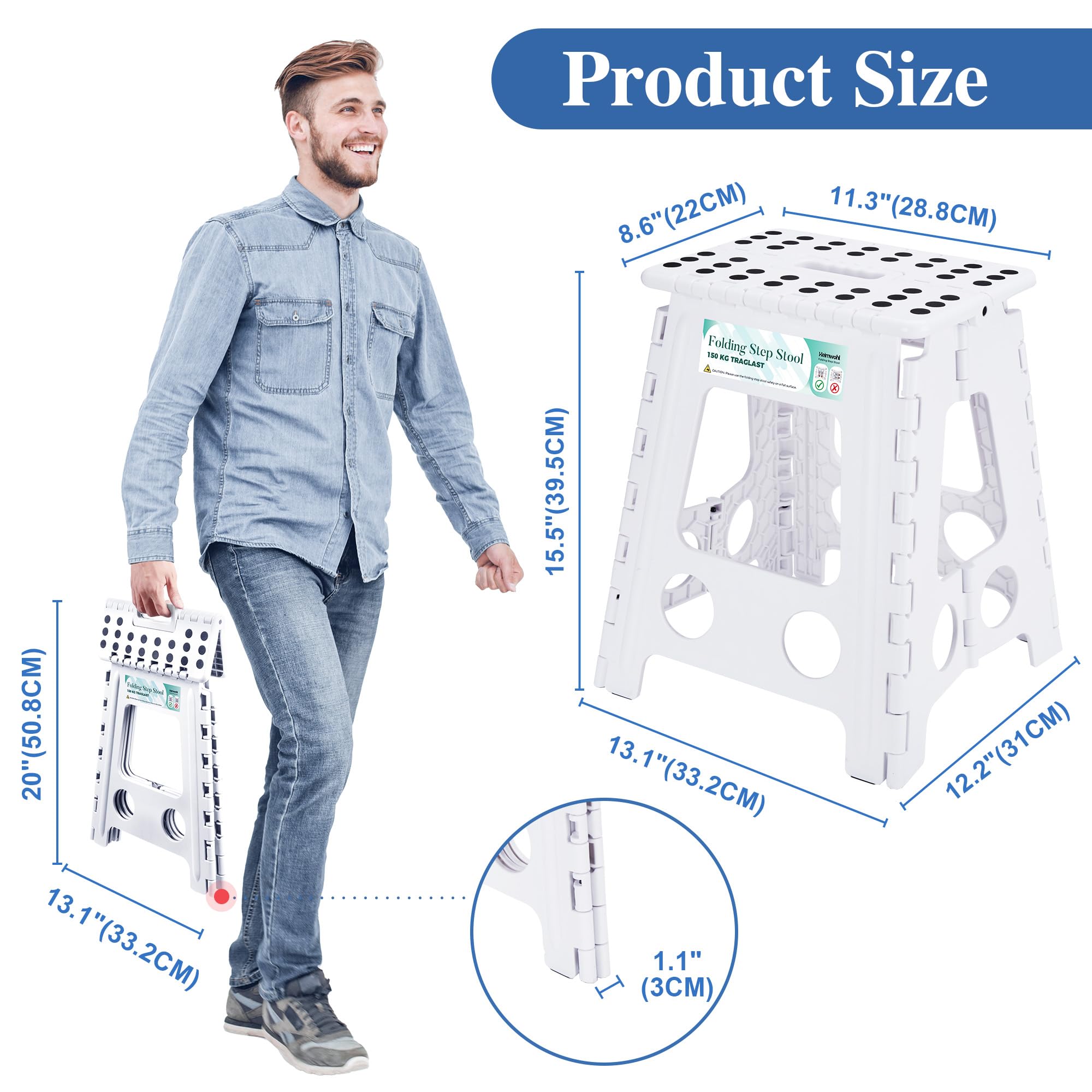 Sgabello Pieghevole da 40 cm, Bianco con Capacità 150 kg - Blocco di Sicurezza e Maniglia Girevole, Ideale per Casa