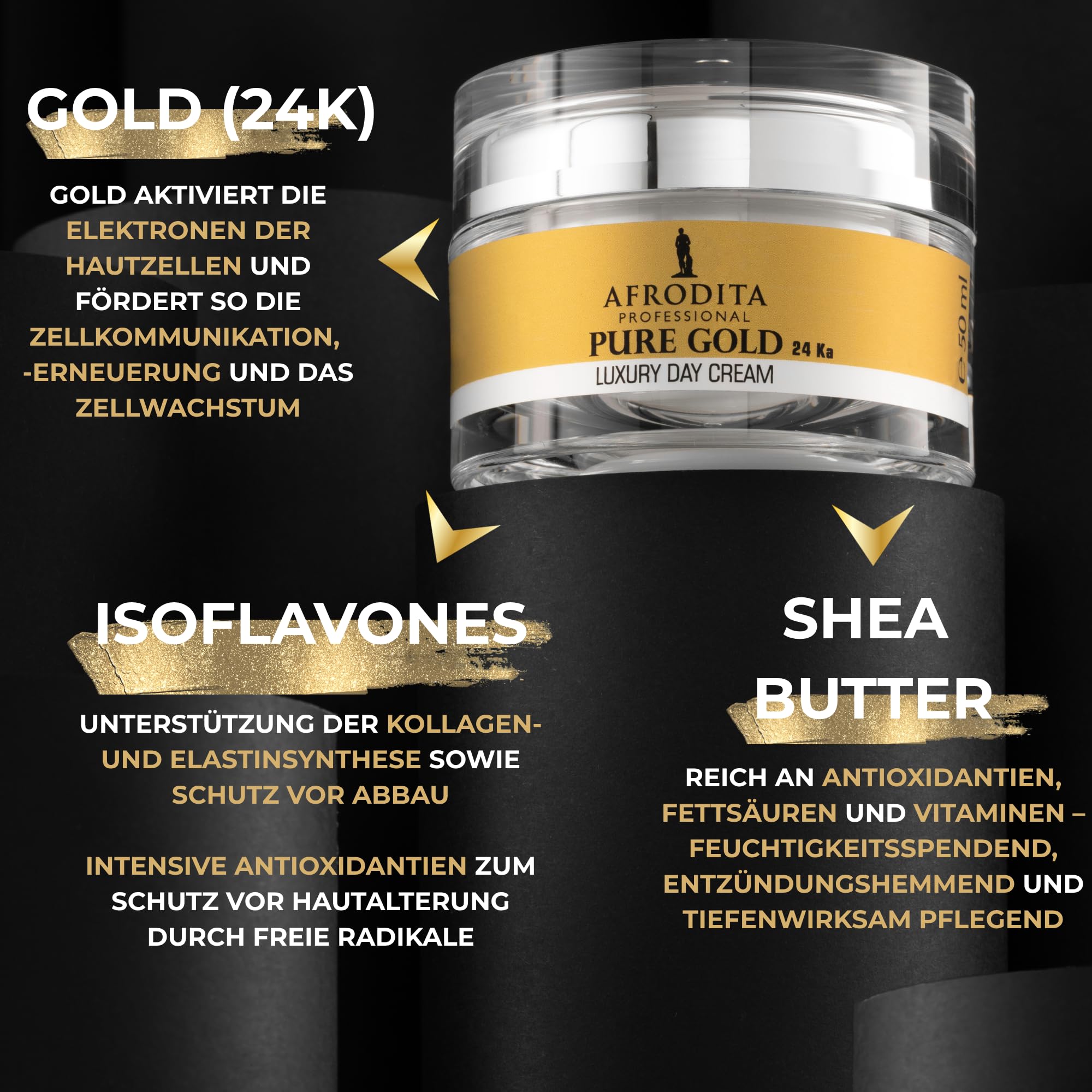 Afrodita Professional Pure Gold 24K Luxus Tagescreme, Anti-Aging Gesichtscreme für Damen, intensive Feuchtigkeit & Straffung für reife normale bis trockene Haut, vegan, 50 ml