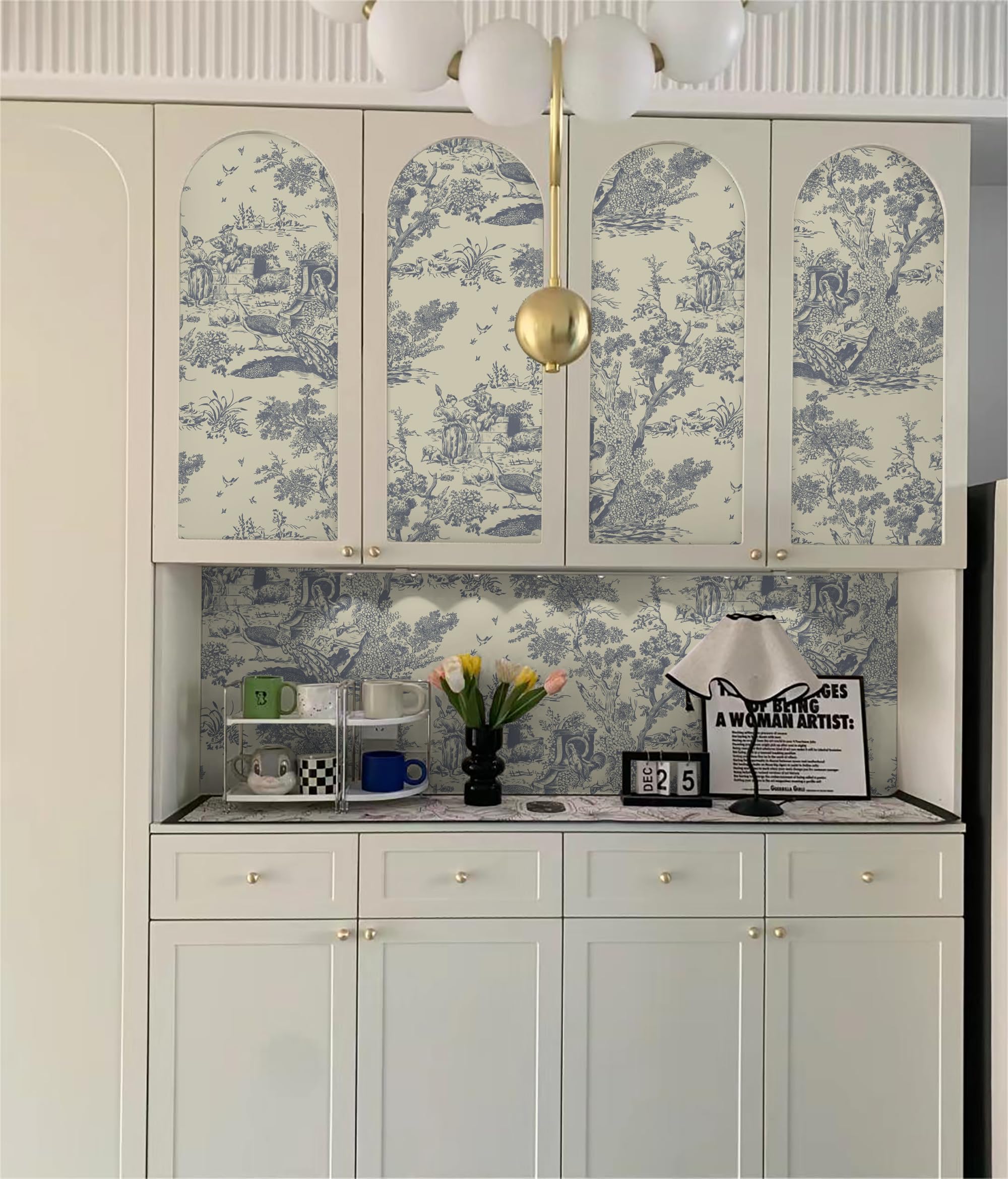 Papel tapiz autoadhesivo azul y beige, 41 cm x 10 m, papel tapiz vintage para despegar y pegar, papel tapiz de árbol y animales, papel tapiz de vinilo impermeable para sala de estar, muebles de