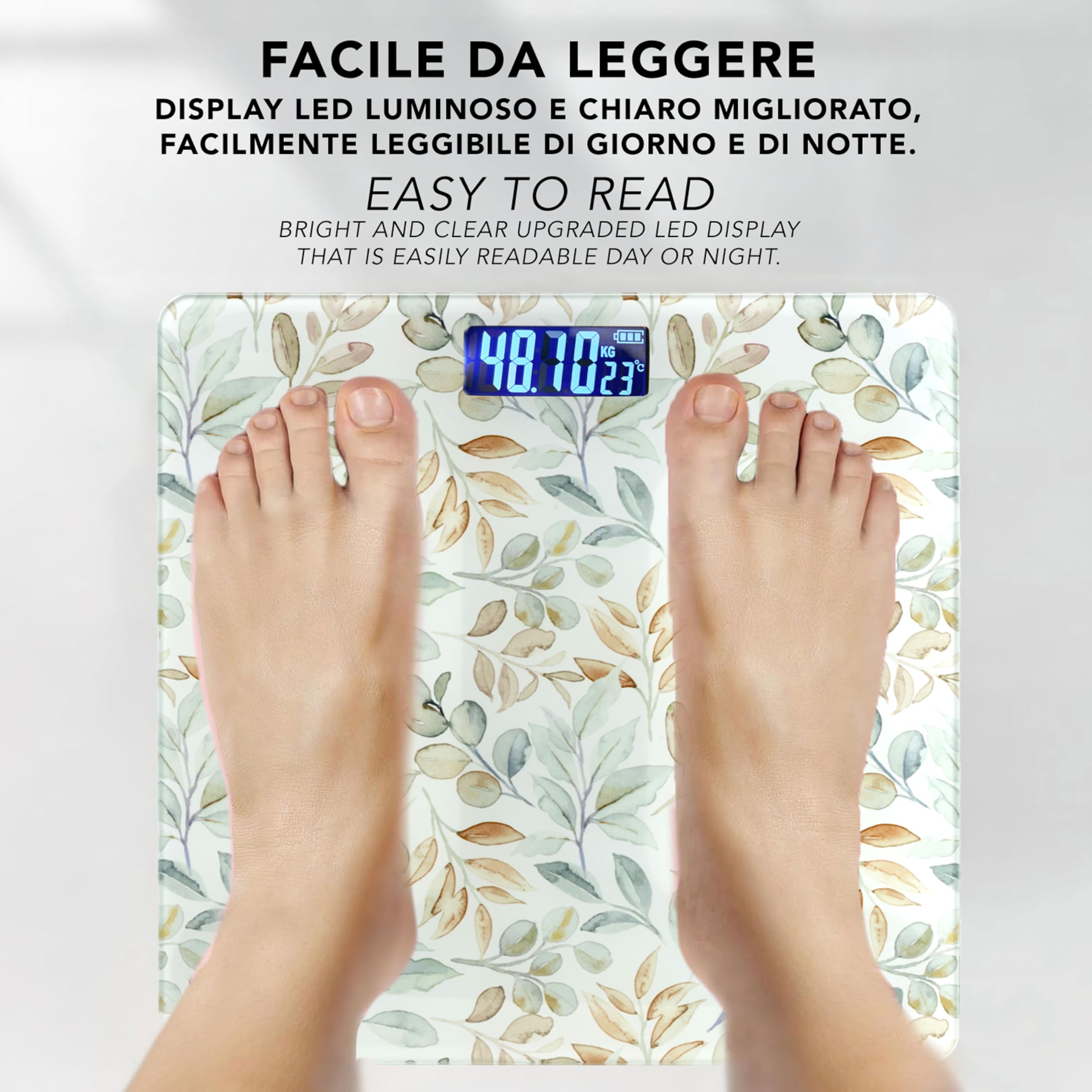 IPEA Bilancia Pesa Persone Digitale Ultra Sottile - [ Tecnologia STEP ON ] - Massima Precisione Peso - Design Floreale - Bilancia in Vetro Temperato con Display misurazione precisa 0,1 KG - Max 180Kg